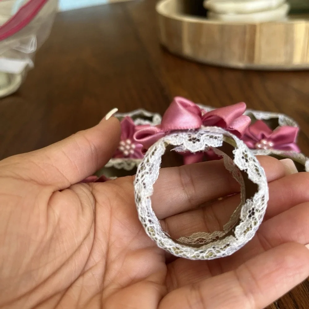 Handmade Pink Flower With Lace Napkins Rings Set Of 7